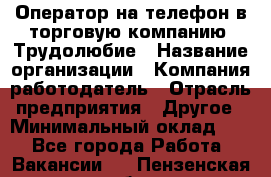 Оператор на телефон в торговую компанию. Трудолюбие › Название организации ­ Компания-работодатель › Отрасль предприятия ­ Другое › Минимальный оклад ­ 1 - Все города Работа » Вакансии   . Пензенская обл.